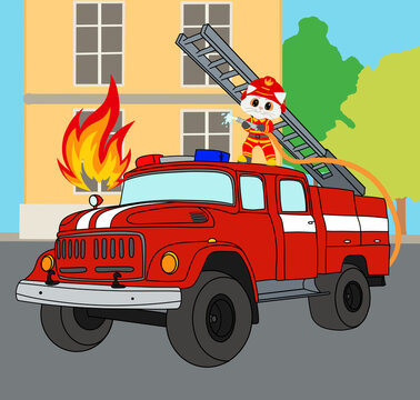fire truck in the city with a cat putting out a fire