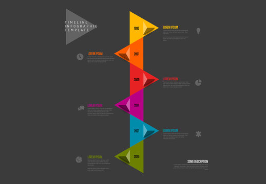 Dark Infographic vertical timeline template with left and right triangle arrows on color time line