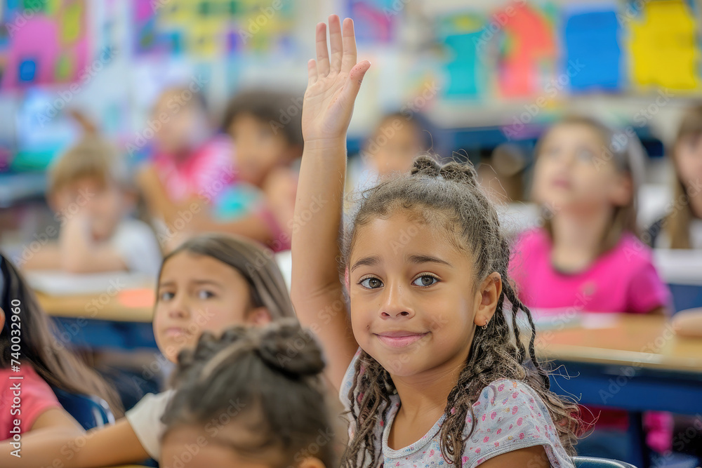 Sticker elementary student raised hand up in class. volunteering and participating classroom concept