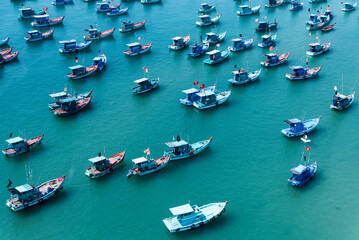 Small fishing boats anchored on the sea