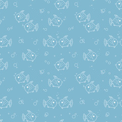 Cute Fishes and Bubbles Seamless Vector Pattern. Blue Background for Kids with Fish Line Art. Sea Animals.
