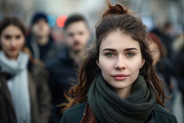 Fototapeta premium Large group of people standing in the street with focus on woman looking at camera, illustration