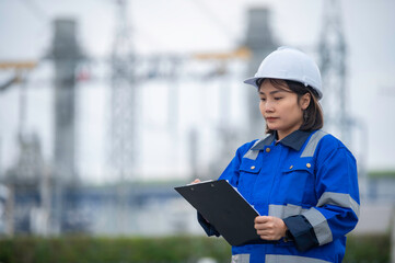 Asian woman petrochemical engineer working at oil and gas refinery plant industry factory,The people worker man engineer work control at power plant energy industry manufacturing