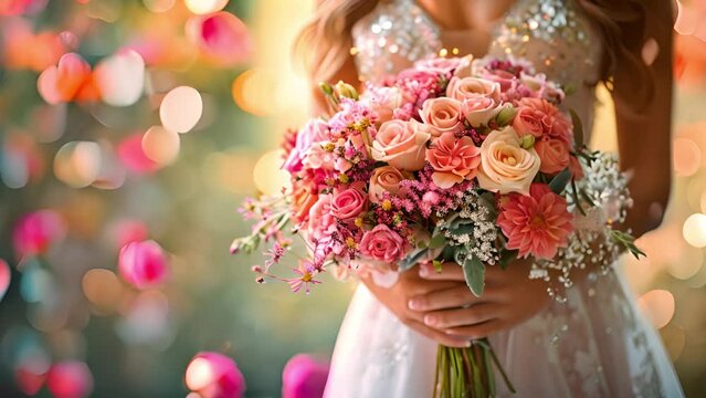 bride hold bridal bouquet. Beautiful stylish boho flowers. Luxury wedding bokeh lights on the background. chic fashion pastel colors. Celebration sparkling lights 4k video Copy space