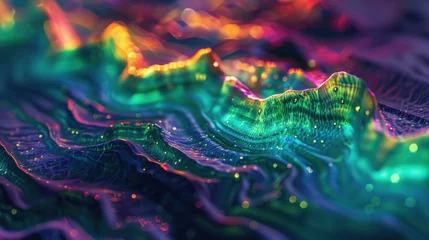 Zelfklevend Fotobehang A vivid digital landscape with neon colors and dynamic waves © Kondor83