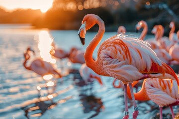 Flock of flamingos at sunset, their pink hues mirrored in the calm waters of a serene lake,