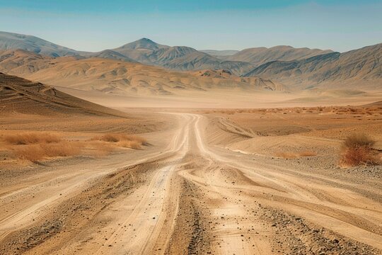 Photo Remote dirt road cuts through barren desert vastness, adventurous journey
