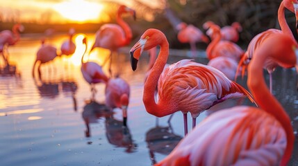 Flock of flamingos at sunset, their pink hues mirrored in the calm waters of a serene lake,