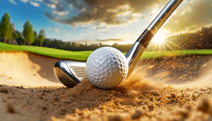 Dynamic Impact of golf Swing. Closeup of a white golf ball and a metal golf club on a golf course in a sand trap. Generative Ai.