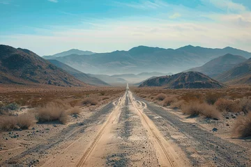 Zelfklevend Fotobehang Venture down remote desert road, exploring barren landscape expanses © Muhammad Shoaib
