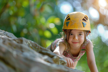 Happy child enjoying activity in climbing adventure in the park
