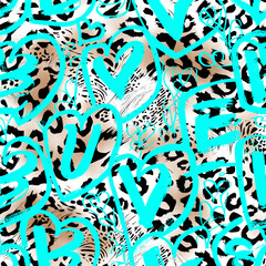 Obraz premium Seamless leopard texture with graffiti pattern.