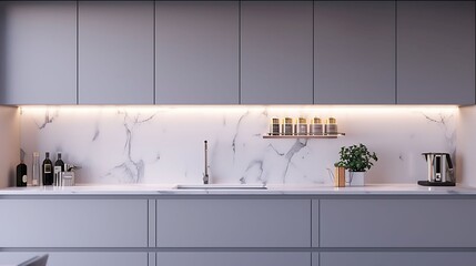 A minimalist kitchen with light gray cabinets and marble backsplash, creating a soft and serene atmosphere