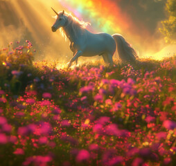 Magic unicorn in blossoming meadow, fairytale atmosphere - obrazy, fototapety, plakaty