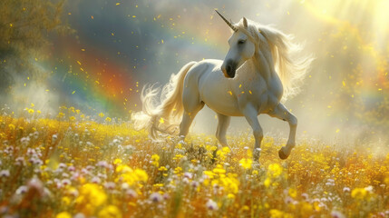 Obraz na płótnie Canvas Magic unicorn in blossoming field, fairytale atmosphere