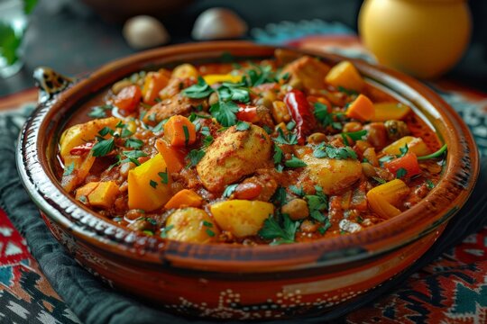 a Moroccan tagine dish, vibrant colors and spices, North African cuisine,