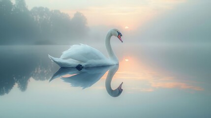 graceful swan gliding on a mirror-like lake at sunrise, the calm water reflecting