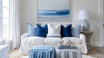 A coastal chic guest room with a slipcovered sofa in white with blue stripes, evoking a beach cottage vibe