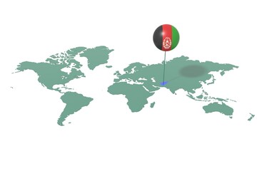 Earth map with the Afghanistan nation highlighted and placeholder colored with flag colors. © albasu