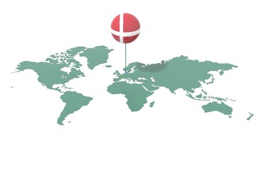 Earth map with the Denmark nation highlighted and placeholder colored with flag colors. © albasu