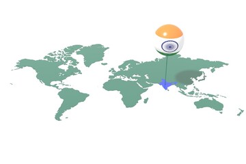 Earth map with the India nation highlighted and placeholder colored with flag colors. © albasu
