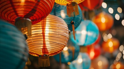 Close up of colorful chinese paper lanterns for new year celebration