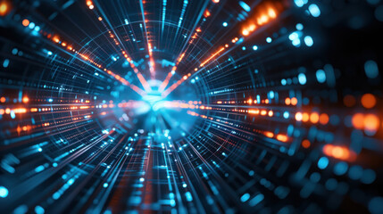 Fototapeta premium Tunnel of glowing particles - space-time fabric warp, time travelling machine, new physics concept