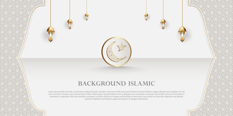 Islamic theme banner background, Arabic pattern ornaments. White color with luxurious gold silhouette. Decoration design element