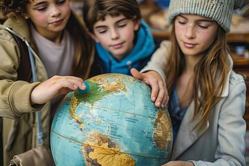 A diverse group of children, with wide-eyed wonder and curious faces, huddled around a globe, eagerly tracing their fingers over the colorful continents while a kind woman in traditional clothing smi