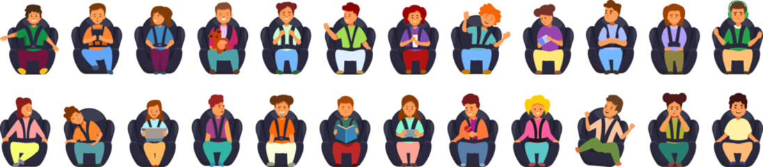 Naklejka premium Kids inside car icons set cartoon vector. Children sibling safety. Car backseat safety