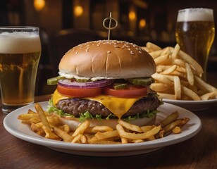 Cheeseburgers and fries with a cold beer on a plate in the restaurant - 740035501