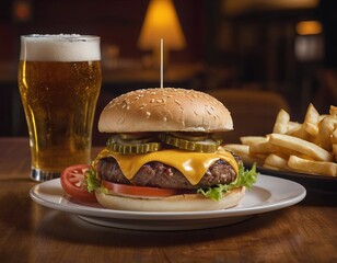 Cheeseburgers and fries with a cold beer on a plate in the restaurant - 740035505