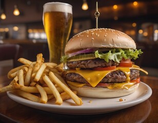 Cheeseburgers and fries with a cold beer on a plate in the restaurant - 740035507