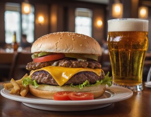 Cheeseburgers and fries with a cold beer on a plate in the restaurant - 740035514