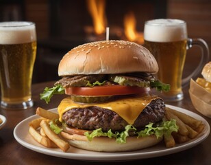 Cheeseburgers and fries with a cold beer on a plate in the restaurant - 740035515
