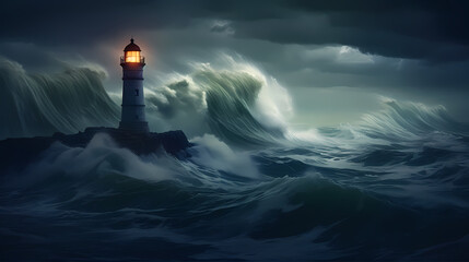 A lighthouse in the middle of a large body of water with waves in front and a light in the cloudy sky above the lighthouse