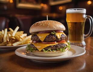 Cheeseburgers and fries with a cold beer on a plate in the restaurant - 740035518