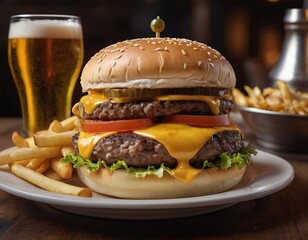 Cheeseburgers and fries with a cold beer on a plate in the restaurant - 740035526