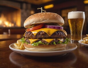 Cheeseburgers and fries with a cold beer on a plate in the restaurant - 740035533