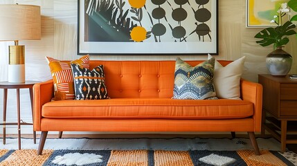 a guest room with a mid century modern sofa in vibrant orange, adding a pop of color to the neutral decor