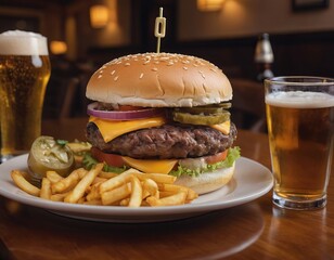 Cheeseburgers and fries with a cold beer on a plate in the restaurant - 740035536