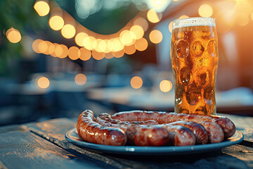 sausages serving on plate and a glass of beer on table outdoors - obrazy, fototapety, plakaty