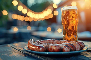 Fotobehang sausages serving on plate and a glass of beer on table outdoors © Rangga Bimantara