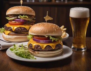 Cheeseburgers and fries with a cold beer on a plate in the restaurant - 740035549