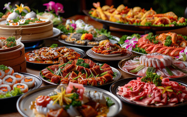 Fototapeta premium A table of sumptuous food,created with Generative AI tecnology. 