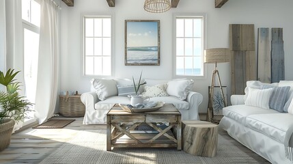 a coastal cottage living room with slipcovered sofas, distressed wood accents, and beach themed decor