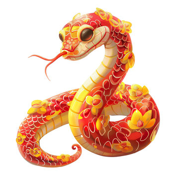 recommend clip art: concept art of a cute chinese snake for lunar new year. Red and yellow color scheme, white background PNG
