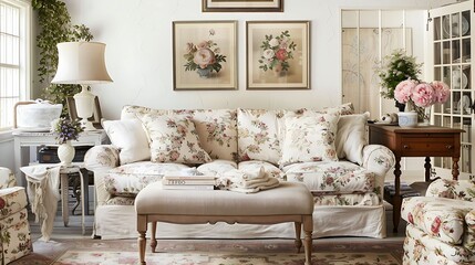 A cozy cottage inspired living room with a slipcovered sofa, floral prints, and vintage furniture