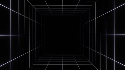 3d retro futuristic black and white abstract background. Cube square Wireframe neon laser swirl grid lines with stars. Retroway synthwave videogame sci-fi tunnel