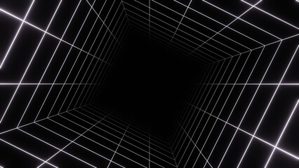 3d retro futuristic black and white abstract background. Wireframe neon laser swirl grid lines with stars. Retroway synthwave videogame sci-fi. Spider web isolated square	

